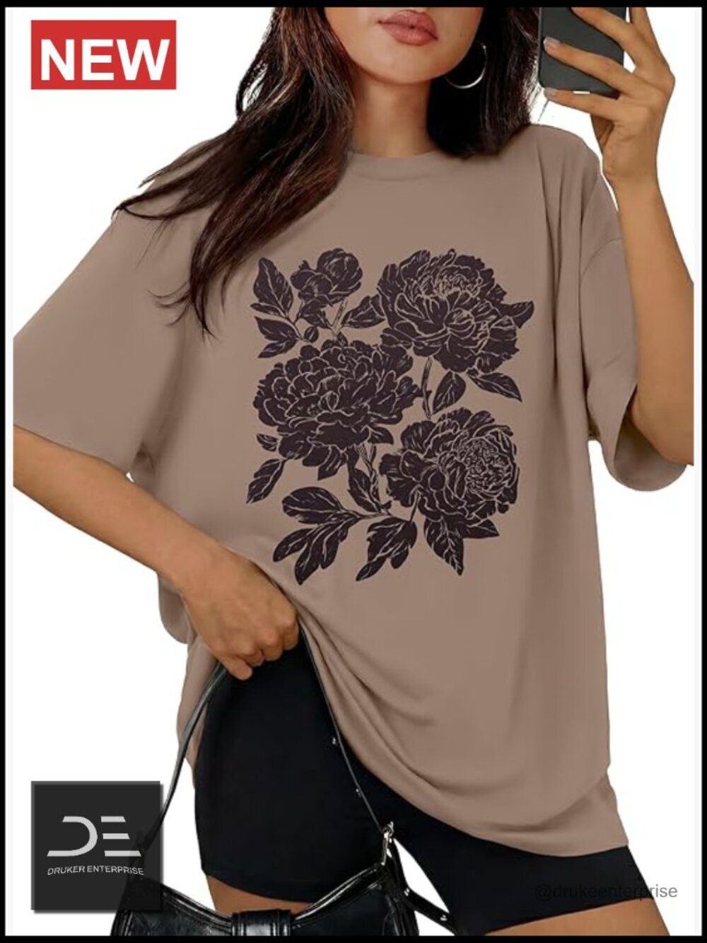 Oversized Flower Graphic Tee Crew Neck Short Sleeve Casual Loose Fit T-Shirt